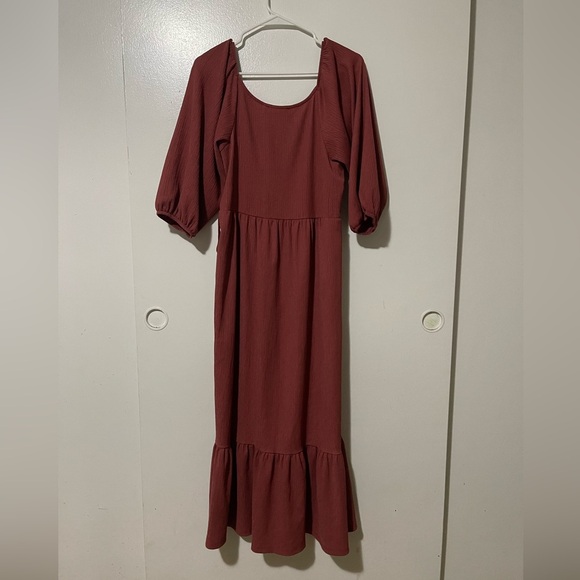 MNG puff balloon 3/4 sleeve wrap front midi dress marron pink - Picture 5 of 6